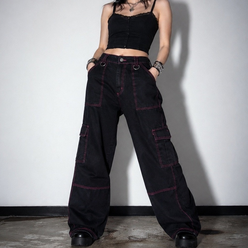 Daisy Street Black Cargo Pants Pink Stitch Y2K Goth Utility Wide Leg 17
